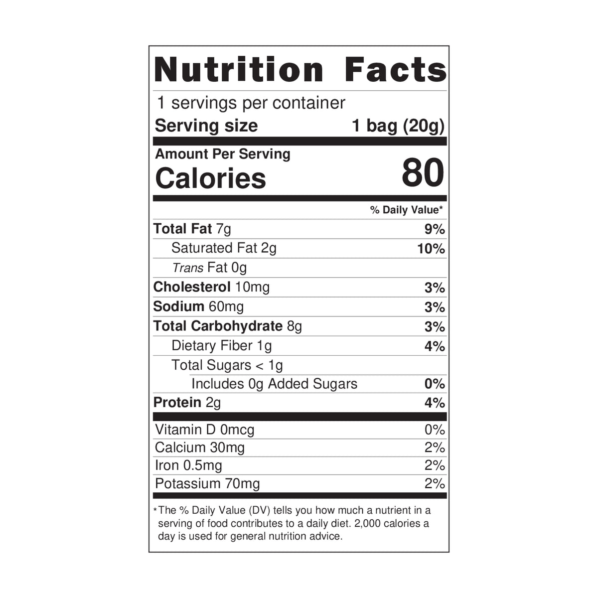 A Nutrition Facts label for a single bag of snacks or candy, showing serving size 1 bag (20g), 80 calories, and a list of nutrients including total fat, cholesterol, sodium, and protein on a white background.