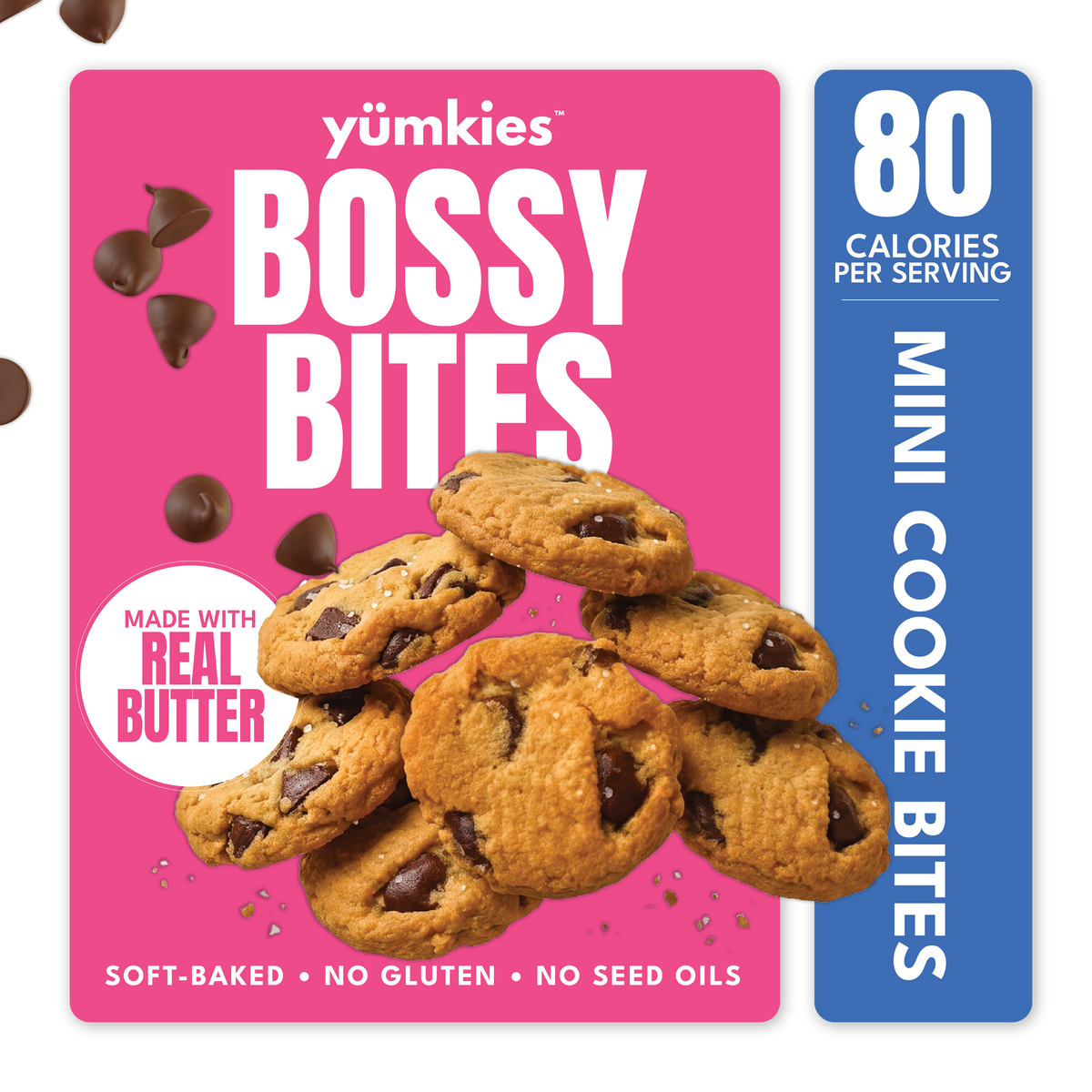 A package of yumkies Bossy Bites mini chocolate chip cookies, featuring a bright pink box with a blue vertical banner stating '80 CALORIES PER SERVING' and an image of chocolate chip cookies on the front.