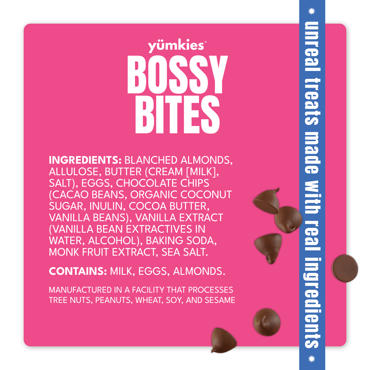 A pink product information card for yumkies Bossy Bites, showing the product name, ingredients list, allergen warning, and a vertical blue side banner that reads Chocolate chip graphics are scattered on the card.