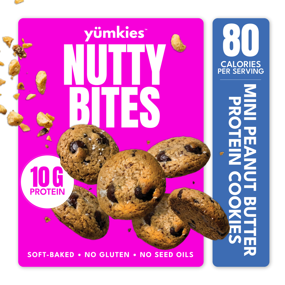 Front of a yumkies Nutty Bites snack box on a white background, showing bright pink packaging with large white text, a blue vertical panel reading 80 calories per serving, and several peanut butter protein cookies floating in front.