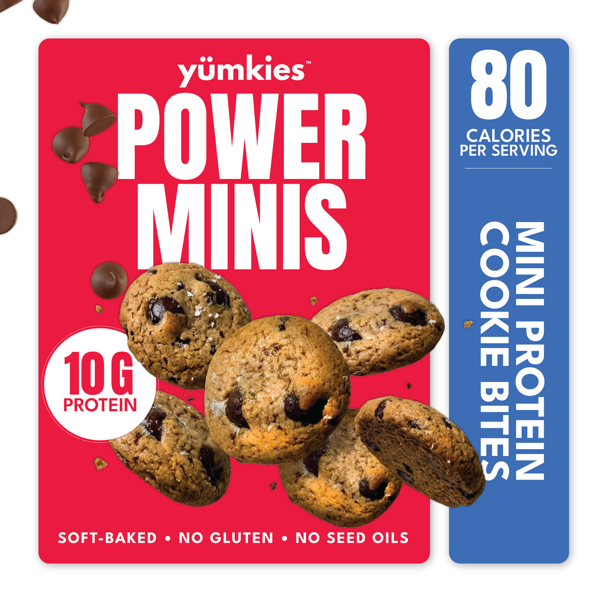 Front-facing package design for yumkies Power Minis mini protein cookie bites. The box is bright red with large white product name text, a blue vertical panel reading 80 calories per serving and mini protein cookie bites, and several chocolate chip cookie pieces shown in front.