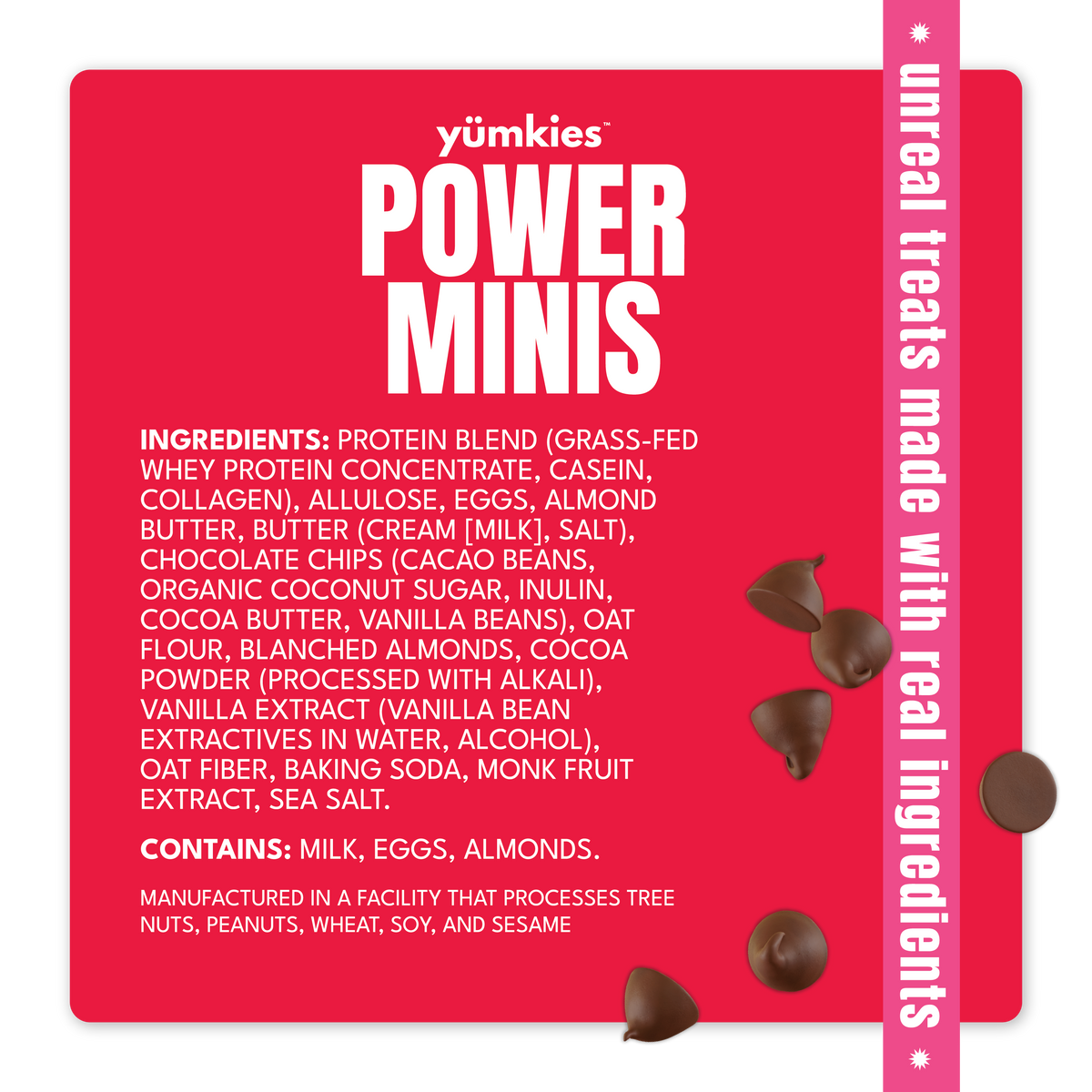 A product information panel for yumkies Power Minis, featuring a bright red background with white text detailing ingredients and allergens, alongside illustrations of chocolate minis and a vertical white sidebar.