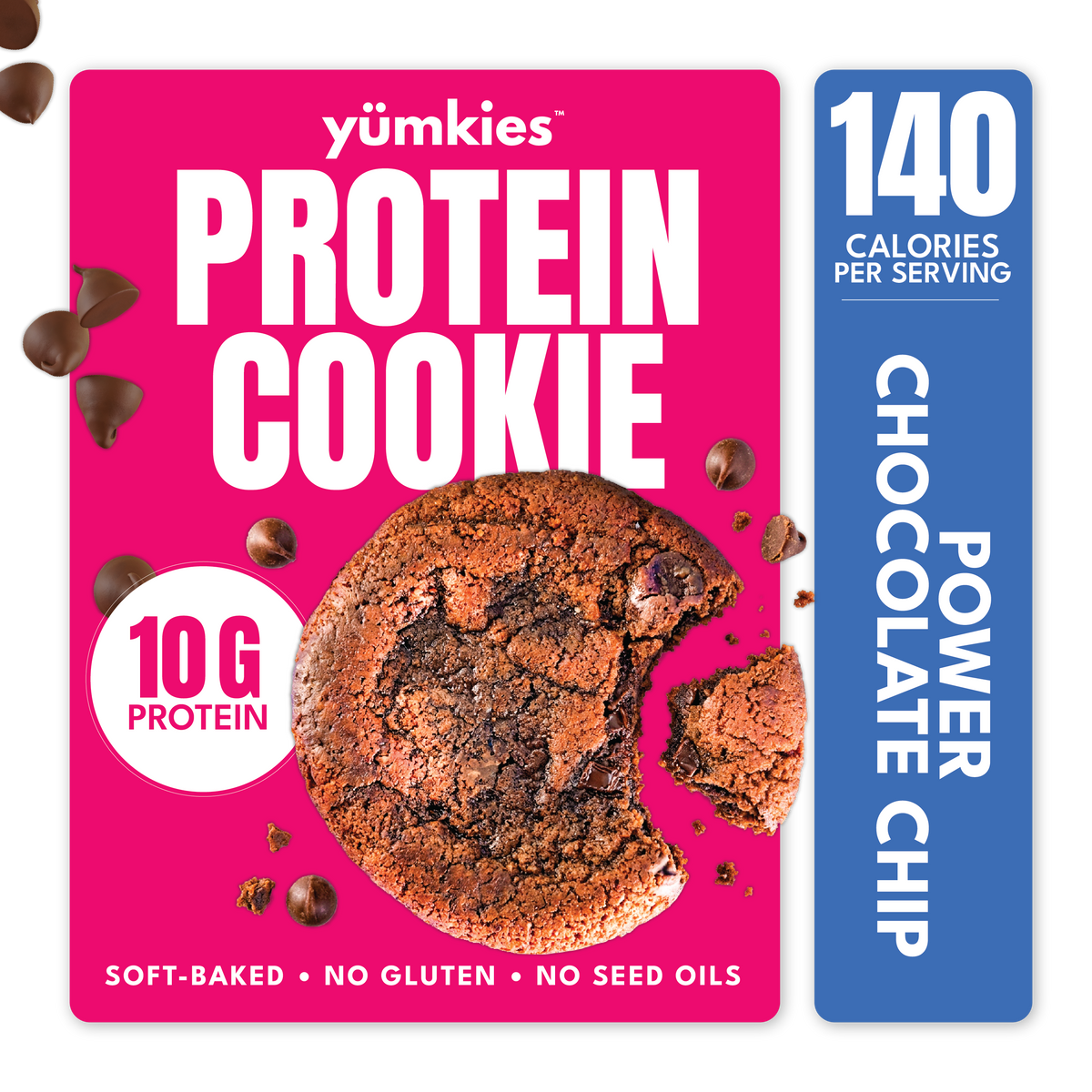 Yumkies Power Chocolate Chip Protein Cookie with 10g of protein and 140 calories per serving, featuring a soft-baked chocolate chip cookie with a bite taken out against a bright pink background.
