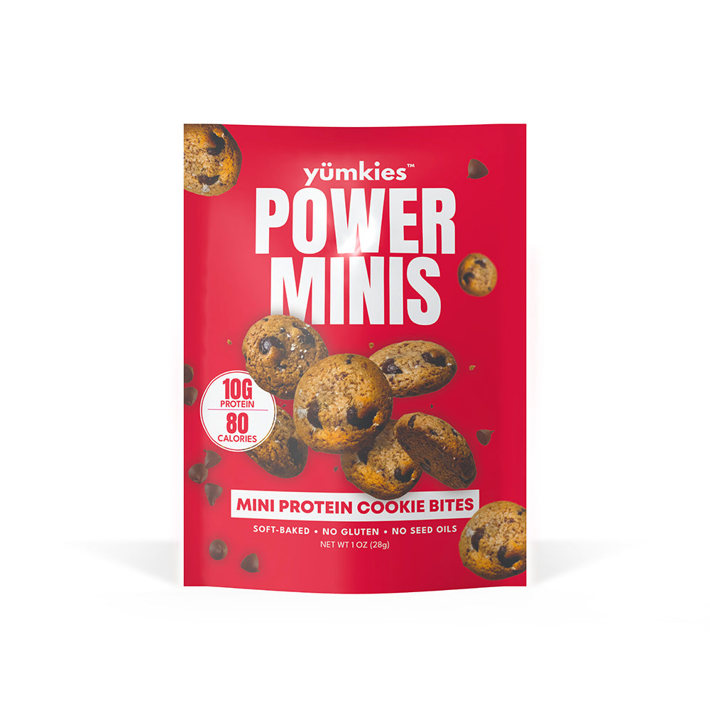 Yumkies Power Minis mini protein cookies in a single-serve snack pouch.